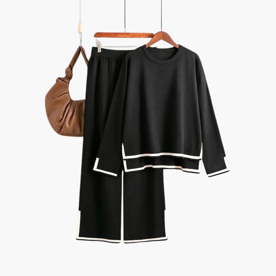 Ensemble femme deux pièces haut col rond et pantalon large à bords contrastants 1