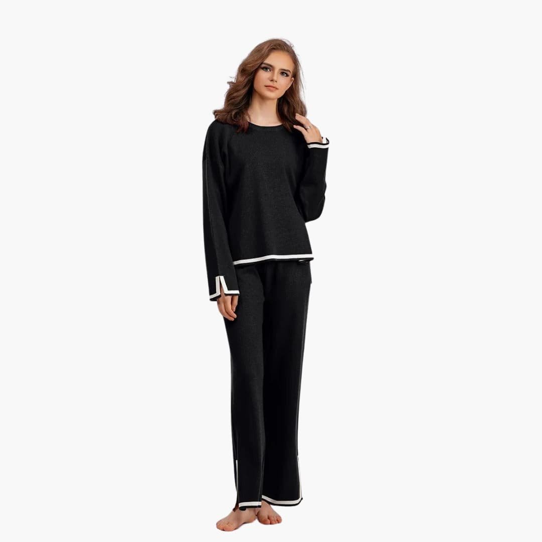 Ensemble femme deux pièces haut col rond et pantalon large à bords contrastants 10