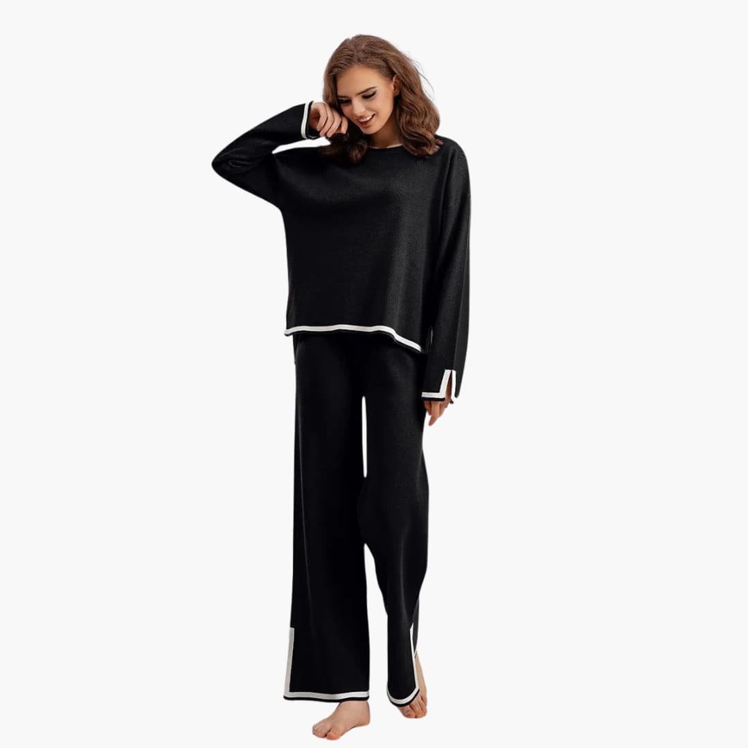 Ensemble femme deux pièces haut col rond et pantalon large à bords contrastants 11