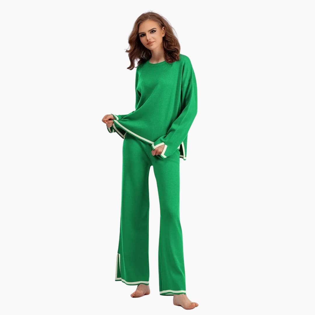 Ensemble femme deux pièces haut col rond et pantalon large à bords contrastants 12