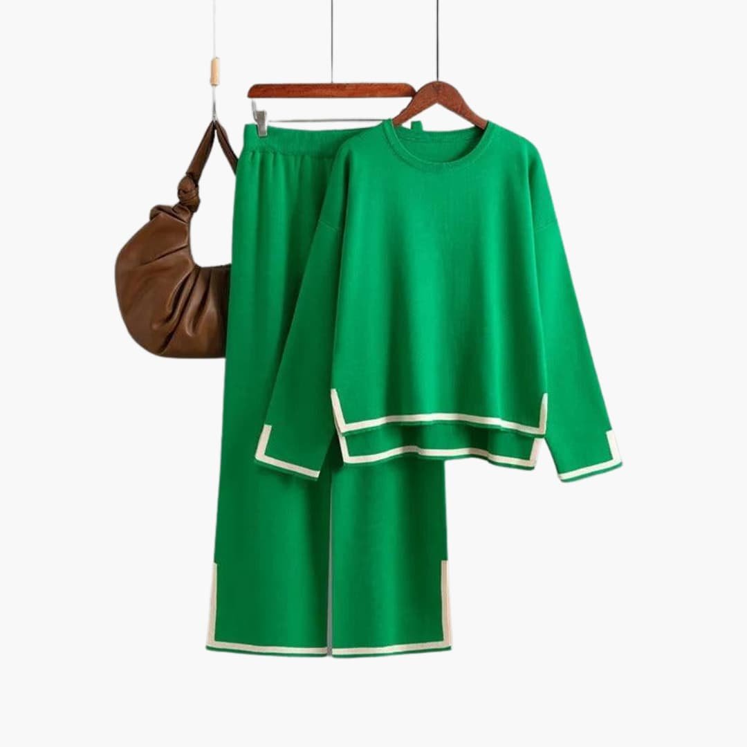 Ensemble femme deux pièces haut col rond et pantalon large à bords contrastants 2