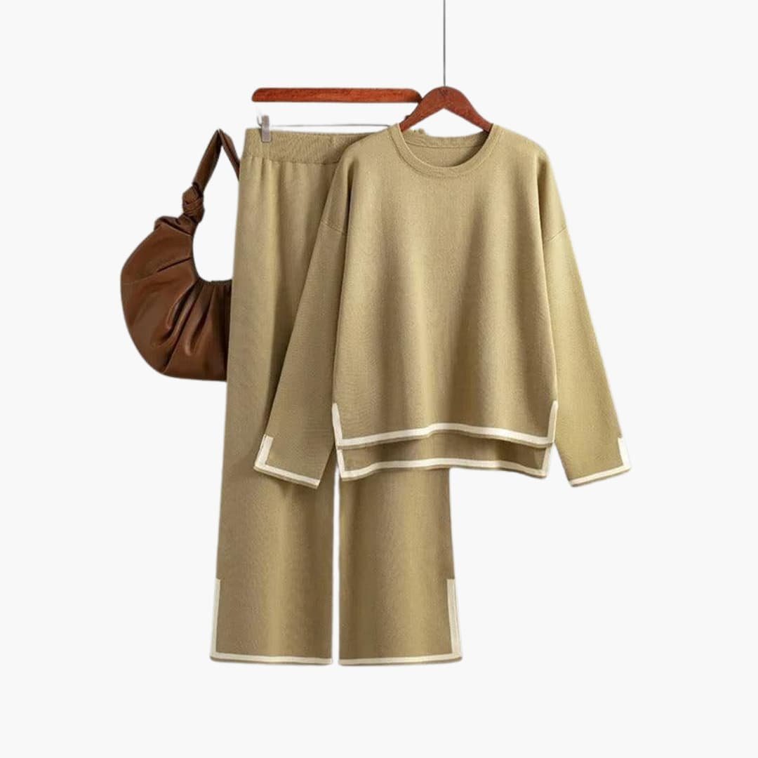Ensemble femme deux pièces haut col rond et pantalon large à bords contrastants 3