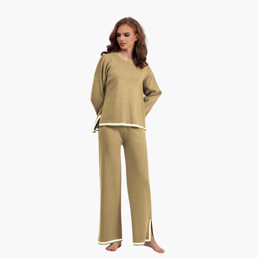 Ensemble femme deux pièces haut col rond et pantalon large à bords contrastants 9