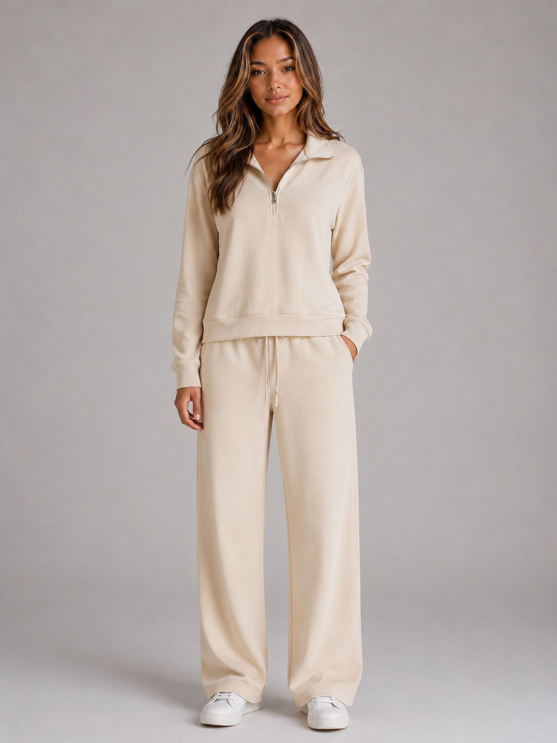 Ensemble femme deux pièces sweat demi-zip à col montant et pantalon large 1