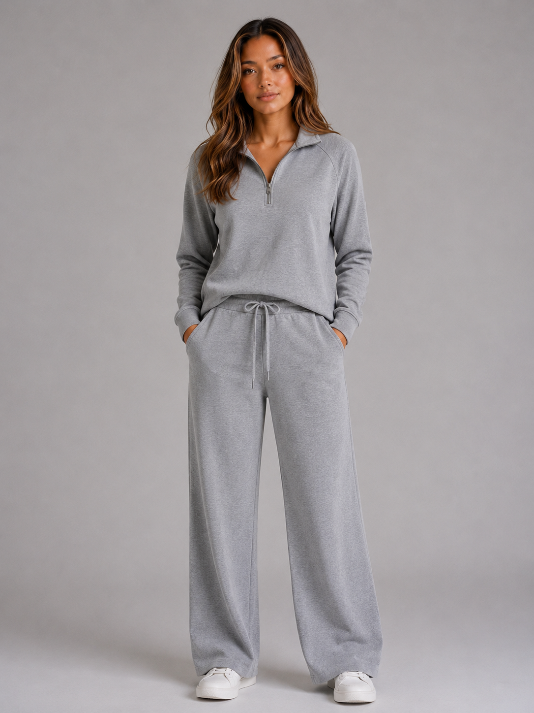 Ensemble femme deux pièces sweat demi-zip à col montant et pantalon large 2