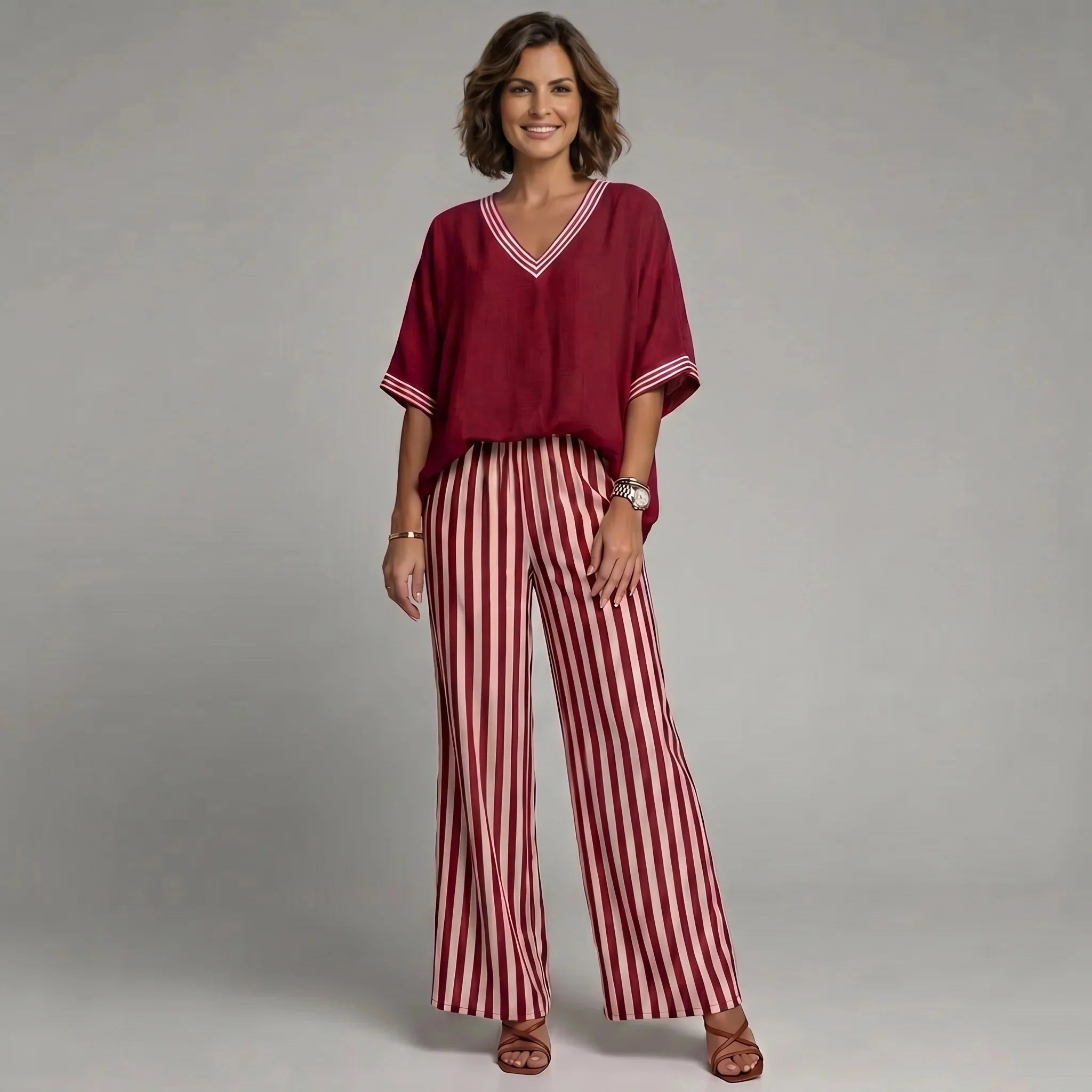 Ensemble femme en lin et coton à pantalon large rayé et haut col V