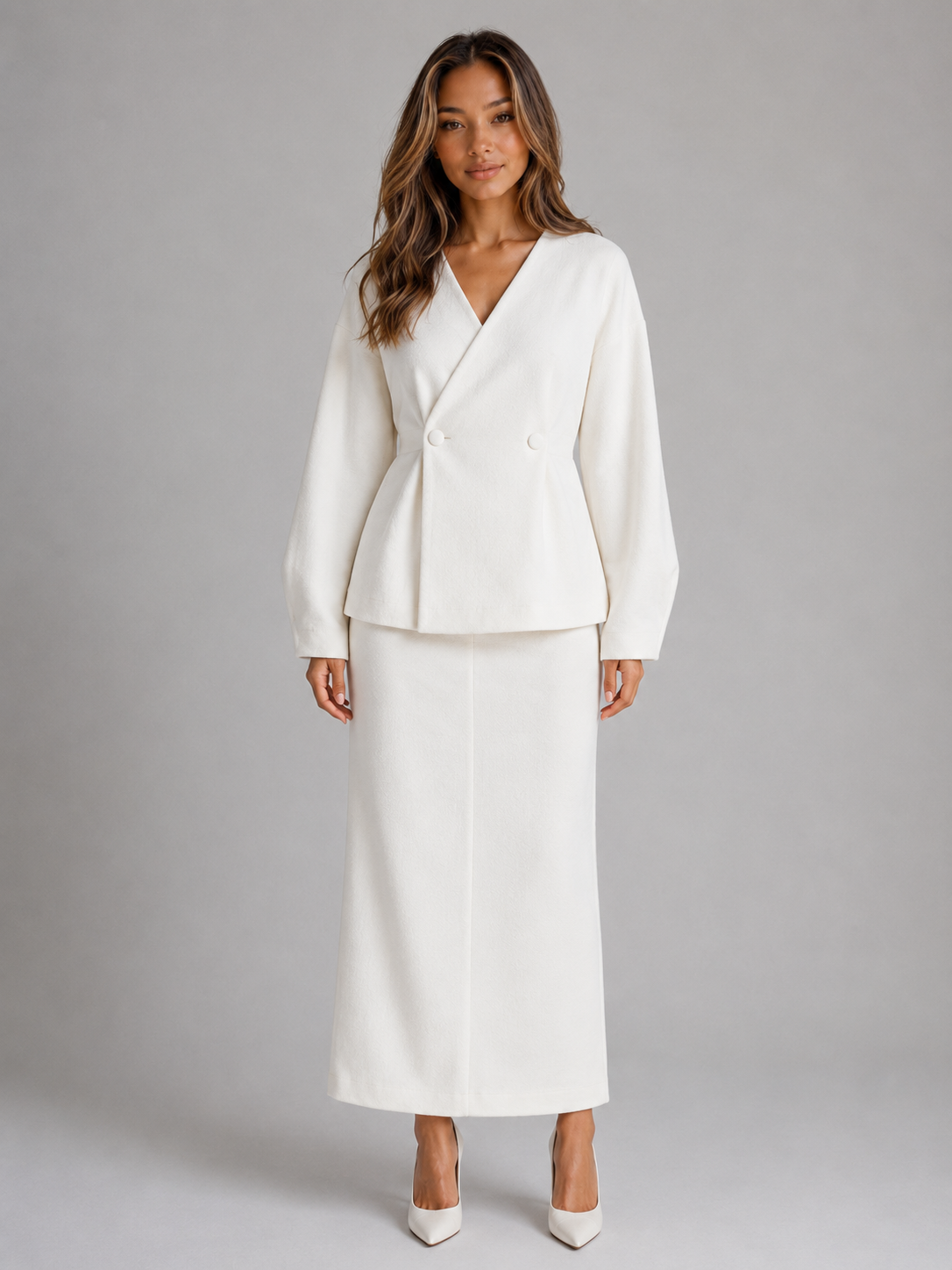 Ensemble tailleur femme veste péplum col V et jupe crayon longue 1