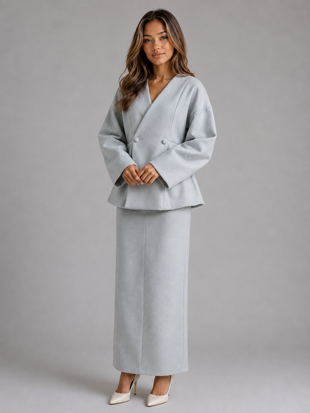 Ensemble tailleur femme veste péplum col V et jupe crayon longue 3
