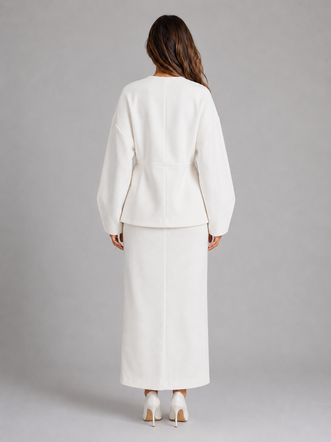 Ensemble tailleur femme veste péplum col V et jupe crayon longue 4