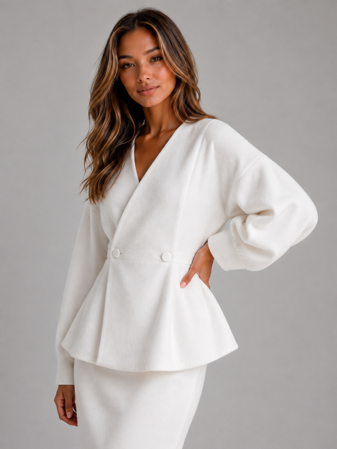 Ensemble tailleur femme veste péplum col V et jupe crayon longue 5