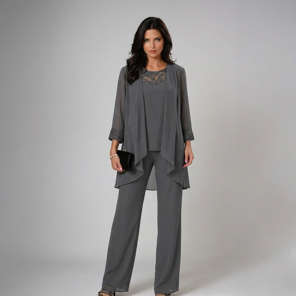 Ensemble trois pièces femme de cérémonie en dentelle veste transparente pantalon ample 2