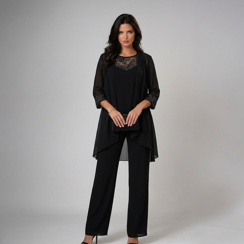 Ensemble trois pièces femme de cérémonie en dentelle veste transparente pantalon ample 4