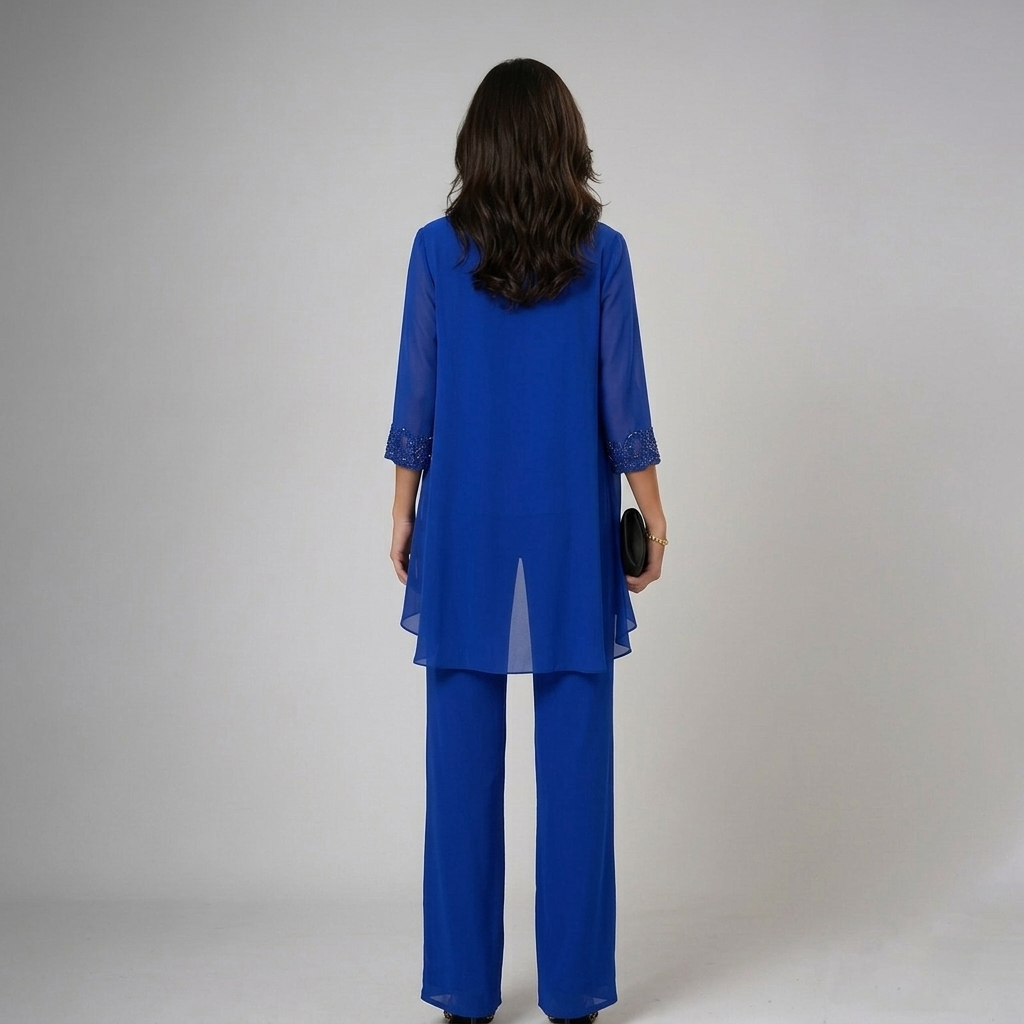Ensemble trois pièces femme de cérémonie en dentelle veste transparente pantalon ample 6
