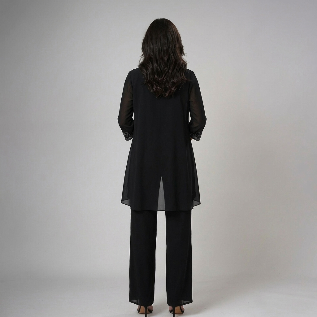 Ensemble trois pièces femme de cérémonie en dentelle veste transparente pantalon ample 9