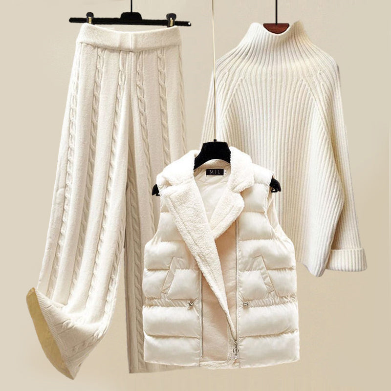 Ensemble trois pièces femme en maille avec pull col roulé, pantalon large et gilet 1