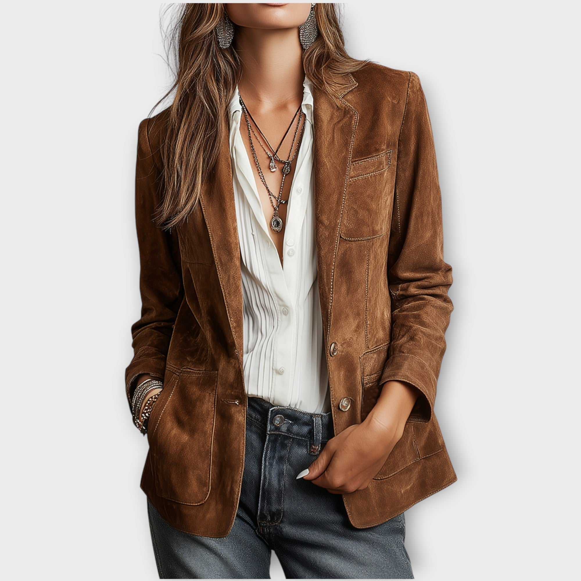 Blazer femme cintré en suède à boutonnage et poches devant, coupe structurée 1