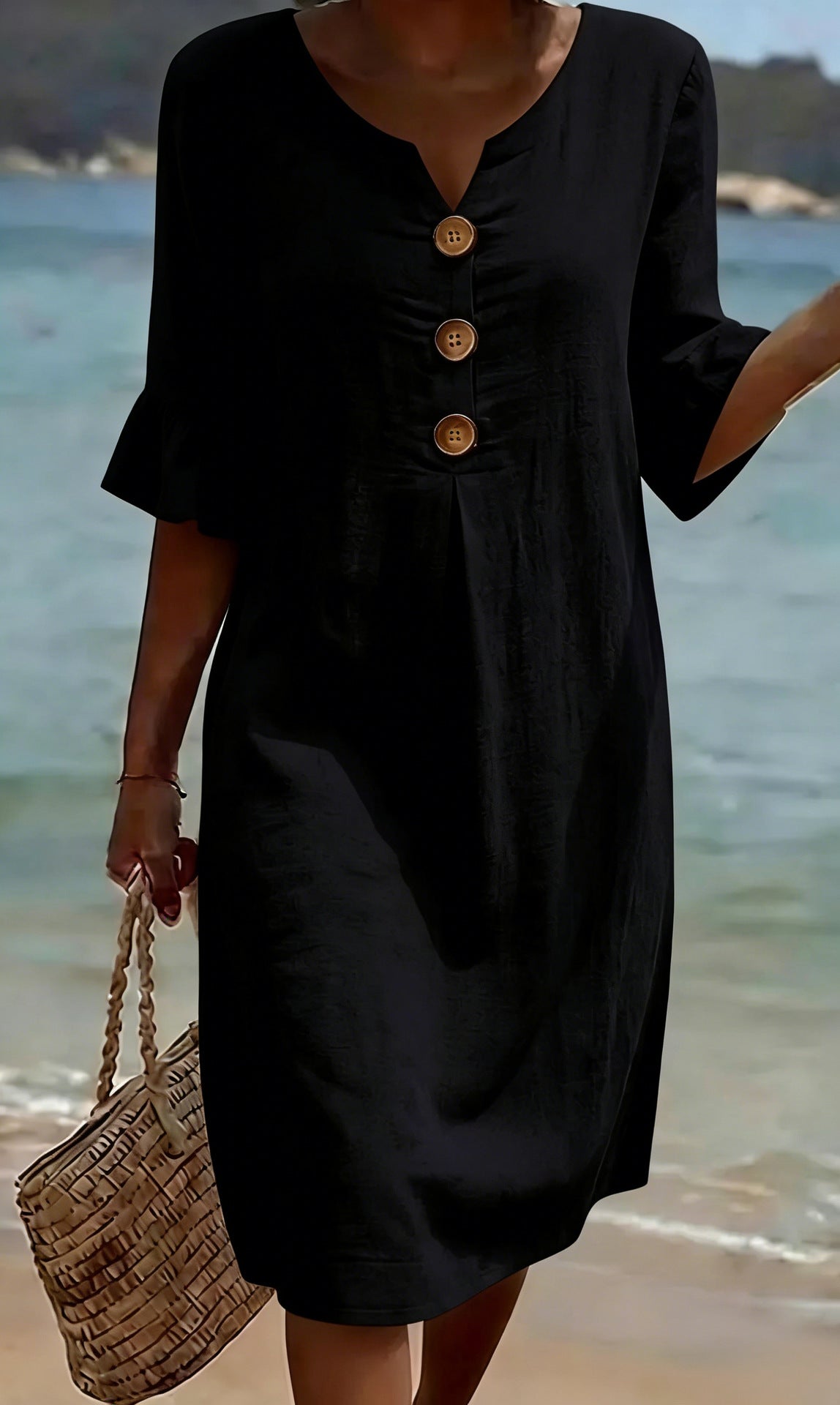 Robe courte femme en coton et lin, boutonnée à manches volantées