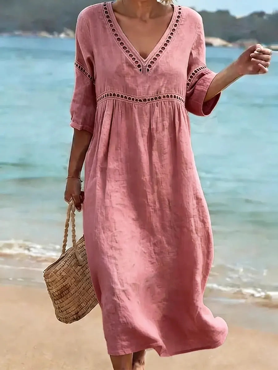 Robe midi femme en coton à col en V, coupe fluide et manches courtes