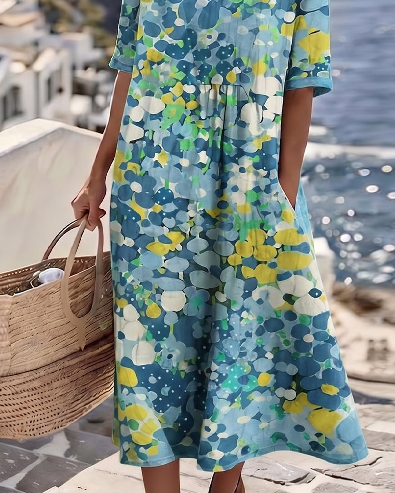 Robe midi femme en coton et lin à imprimé floral, poches et manches courtes