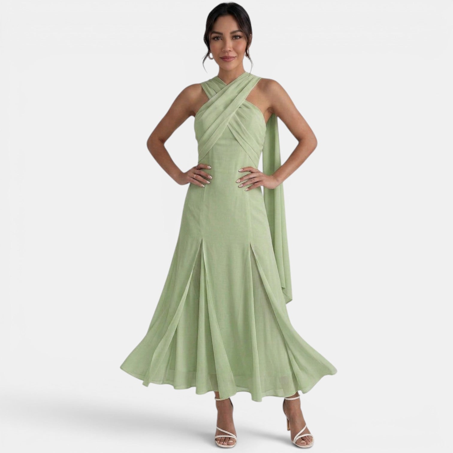 Robe longue invitée mariage en mousseline fluide à nœud