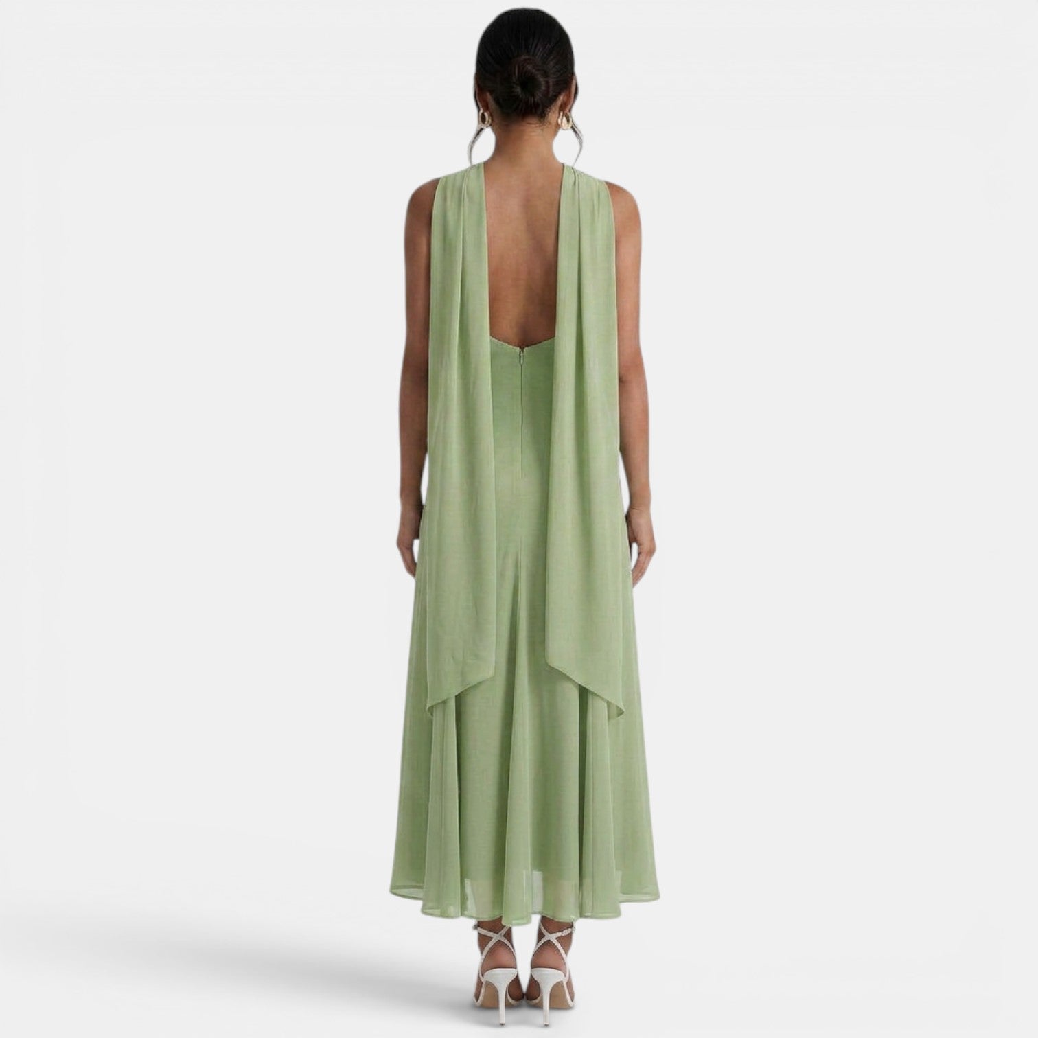 Robe longue invitée mariage en mousseline fluide à nœud