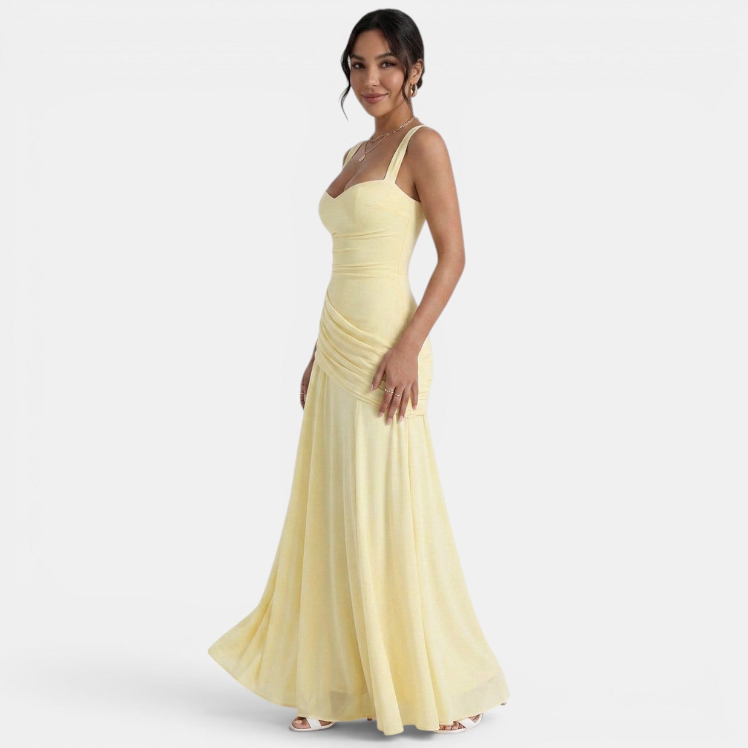 Robe longue invitée mariage coupe fourreau sans manches