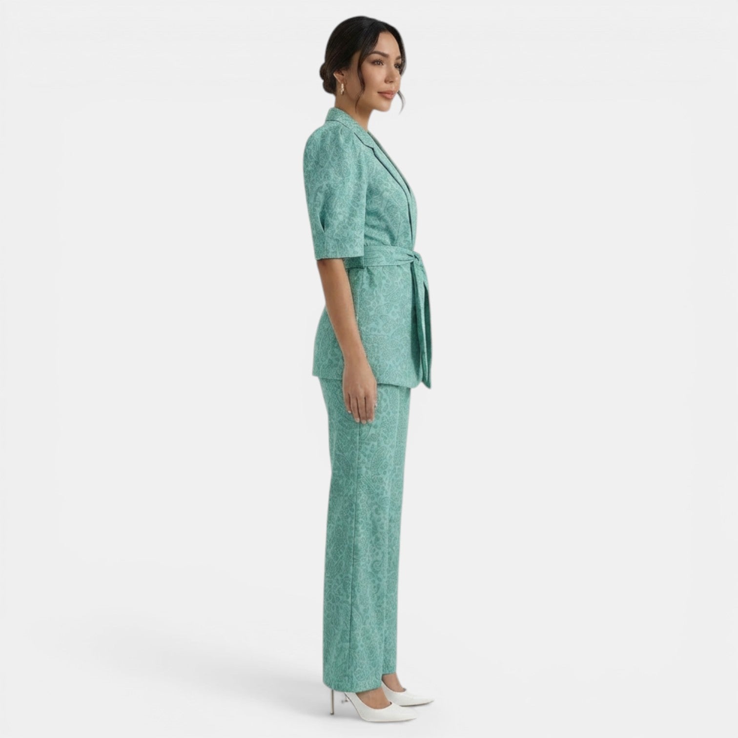 Ensemble femme deux pièces chic à manches bouffantes et pantalon droit