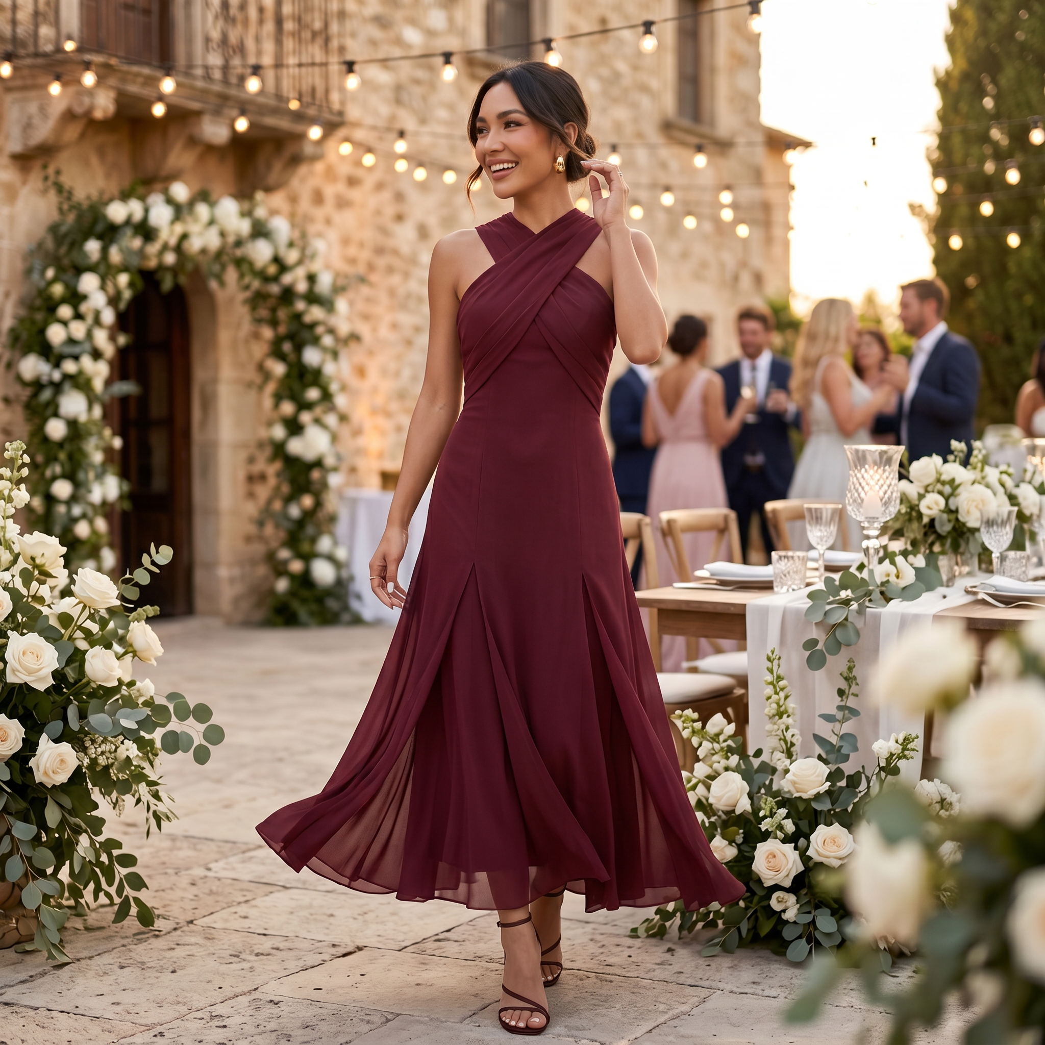 Robe longue invitée mariage en mousseline fluide à nœud