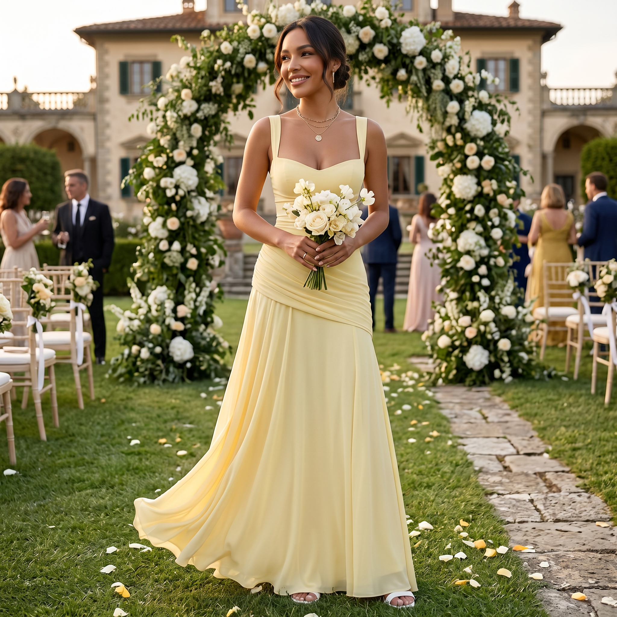 Robe longue invitée mariage coupe fourreau sans manches