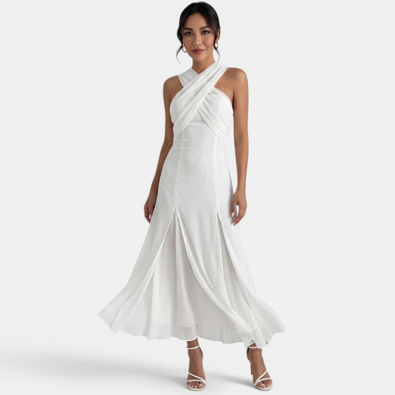 Robe longue invitée mariage en mousseline fluide à nœud
