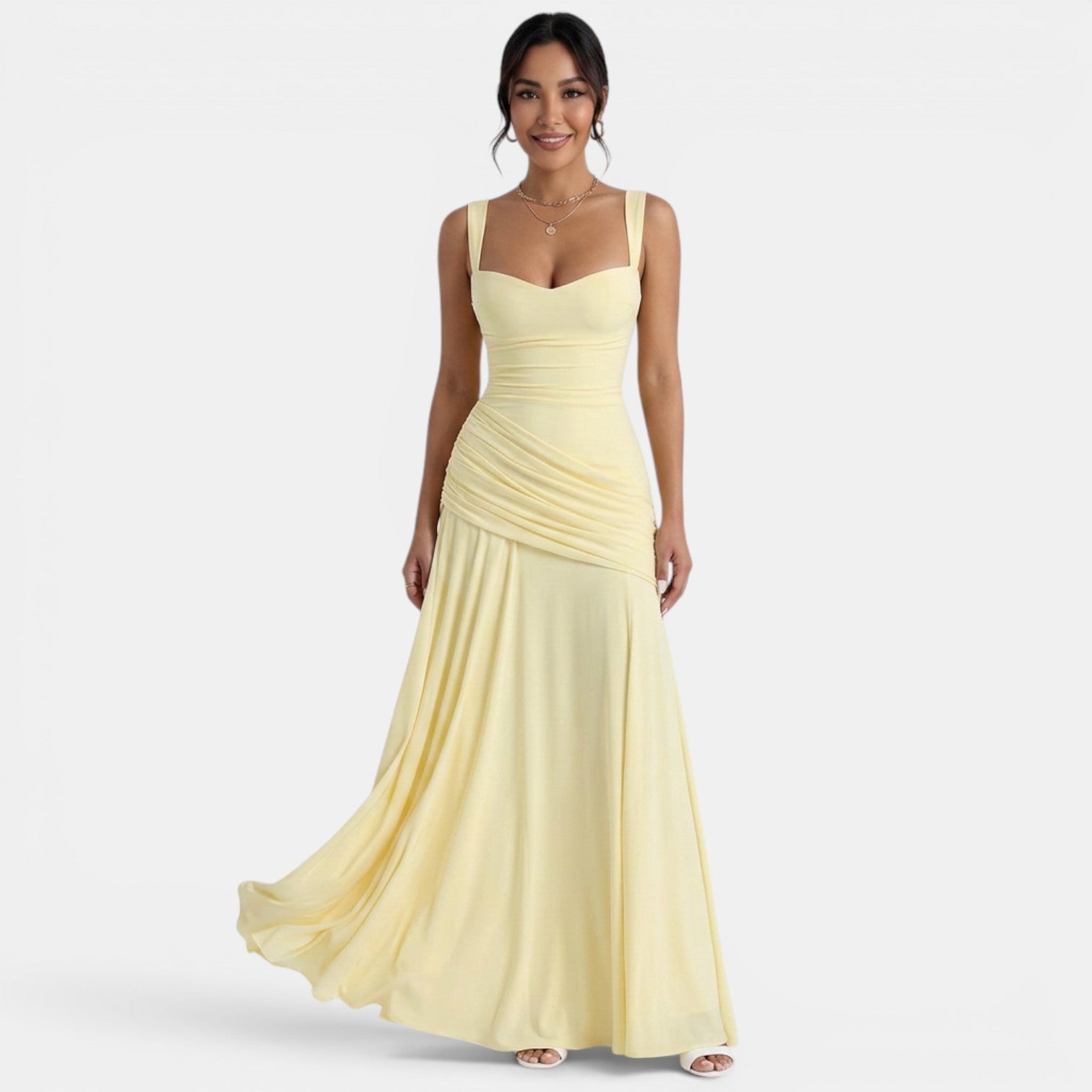 Robe longue invitée mariage coupe fourreau sans manches