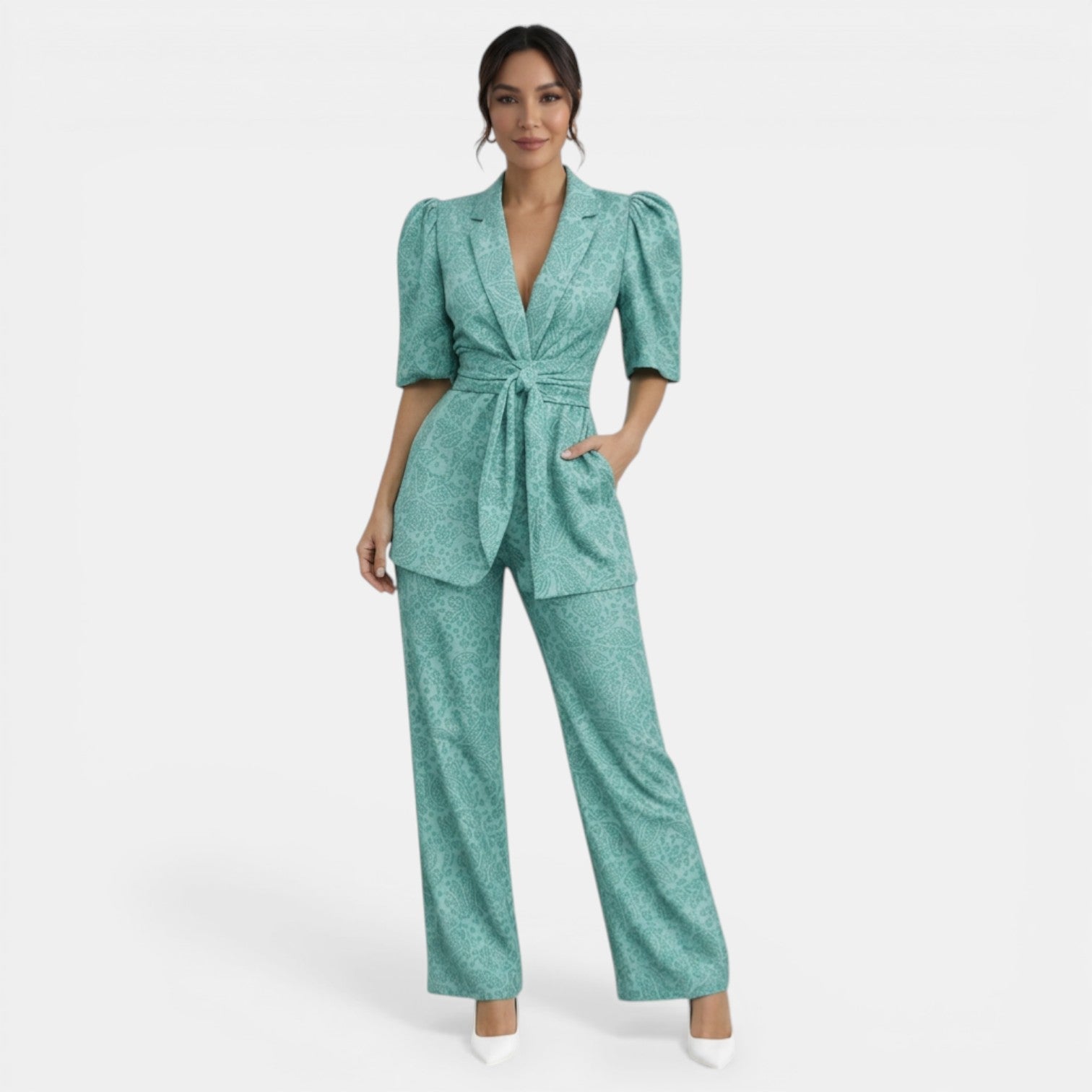 Ensemble femme deux pièces chic à manches bouffantes et pantalon droit