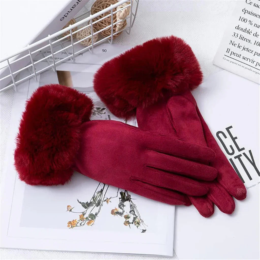 Gants d'hiver femme tactiles à bord en fausse fourrure 1