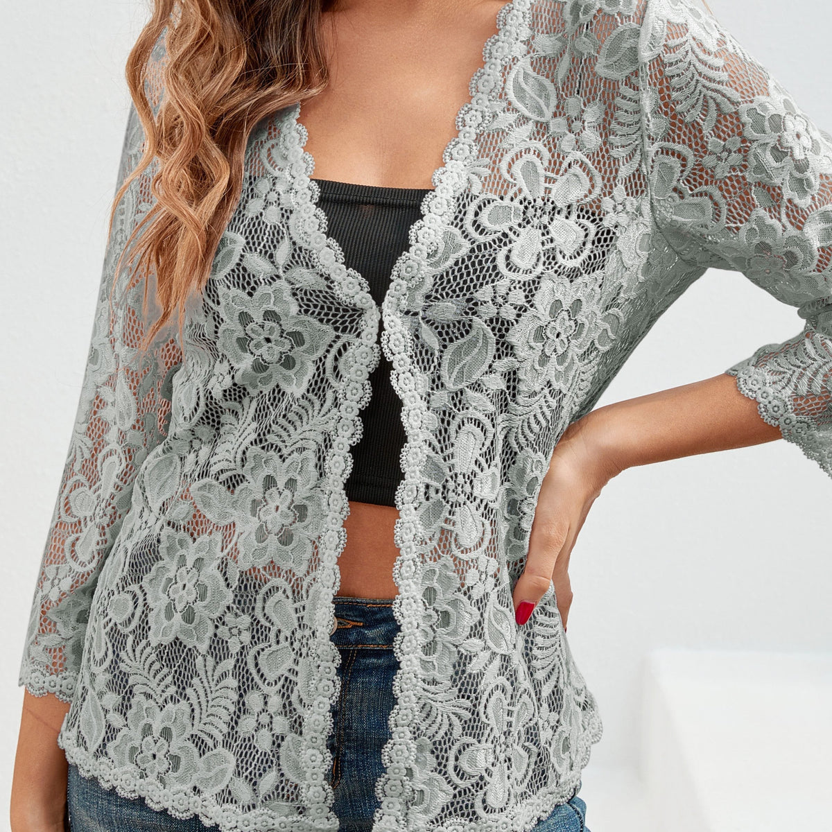 Gilet ajouré à motif floral en maille crochet à manches longues 15