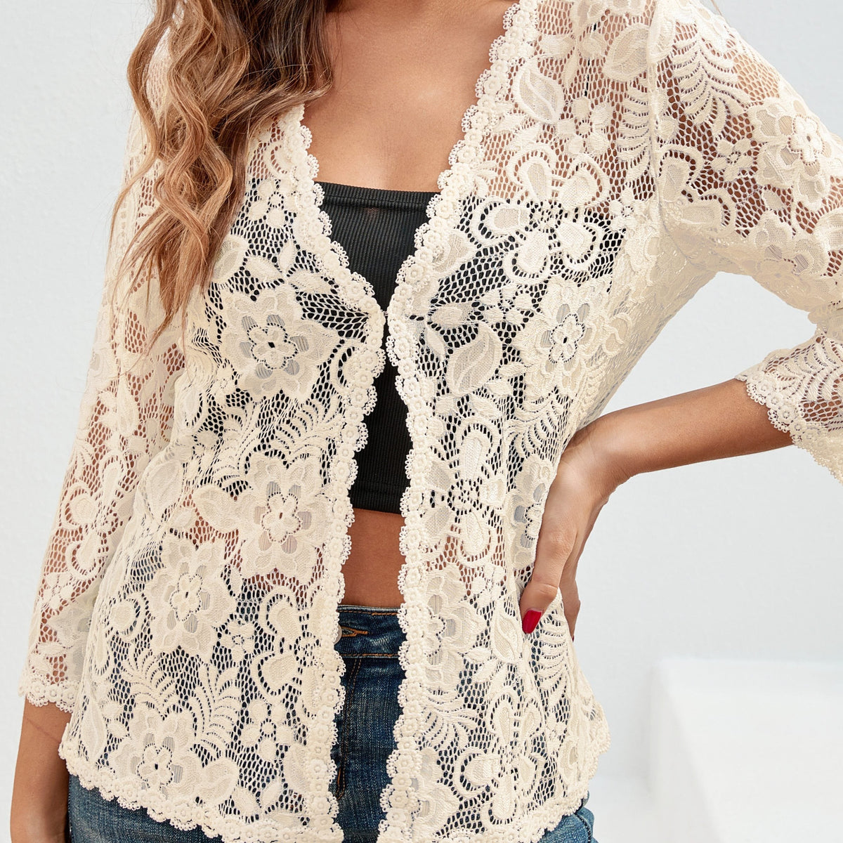 Gilet ajouré à motif floral en maille crochet à manches longues 16