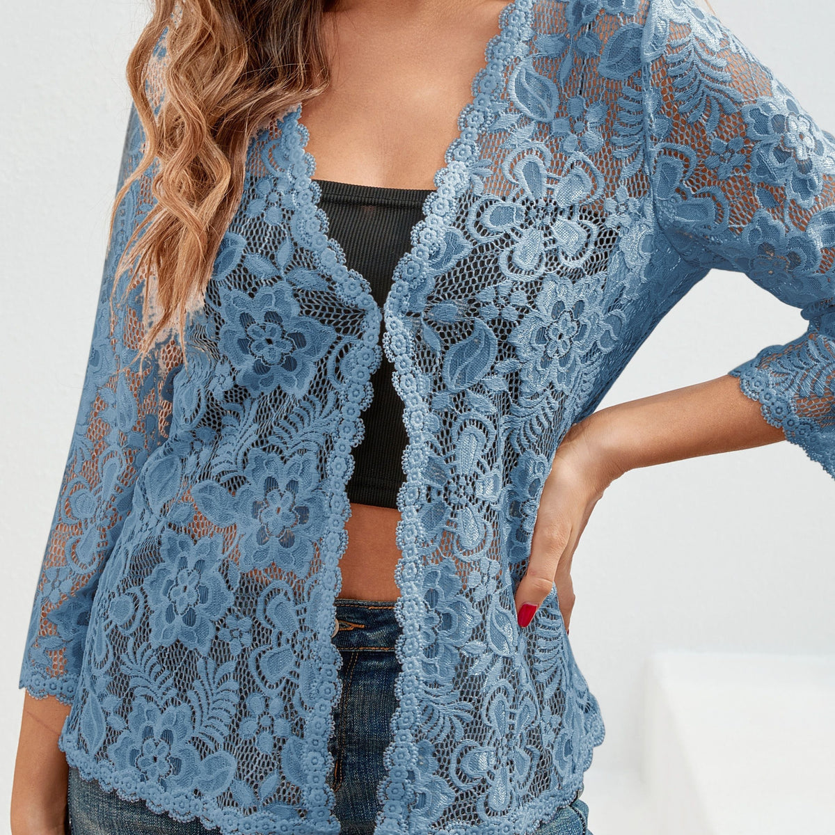 Gilet ajouré à motif floral en maille crochet à manches longues 22