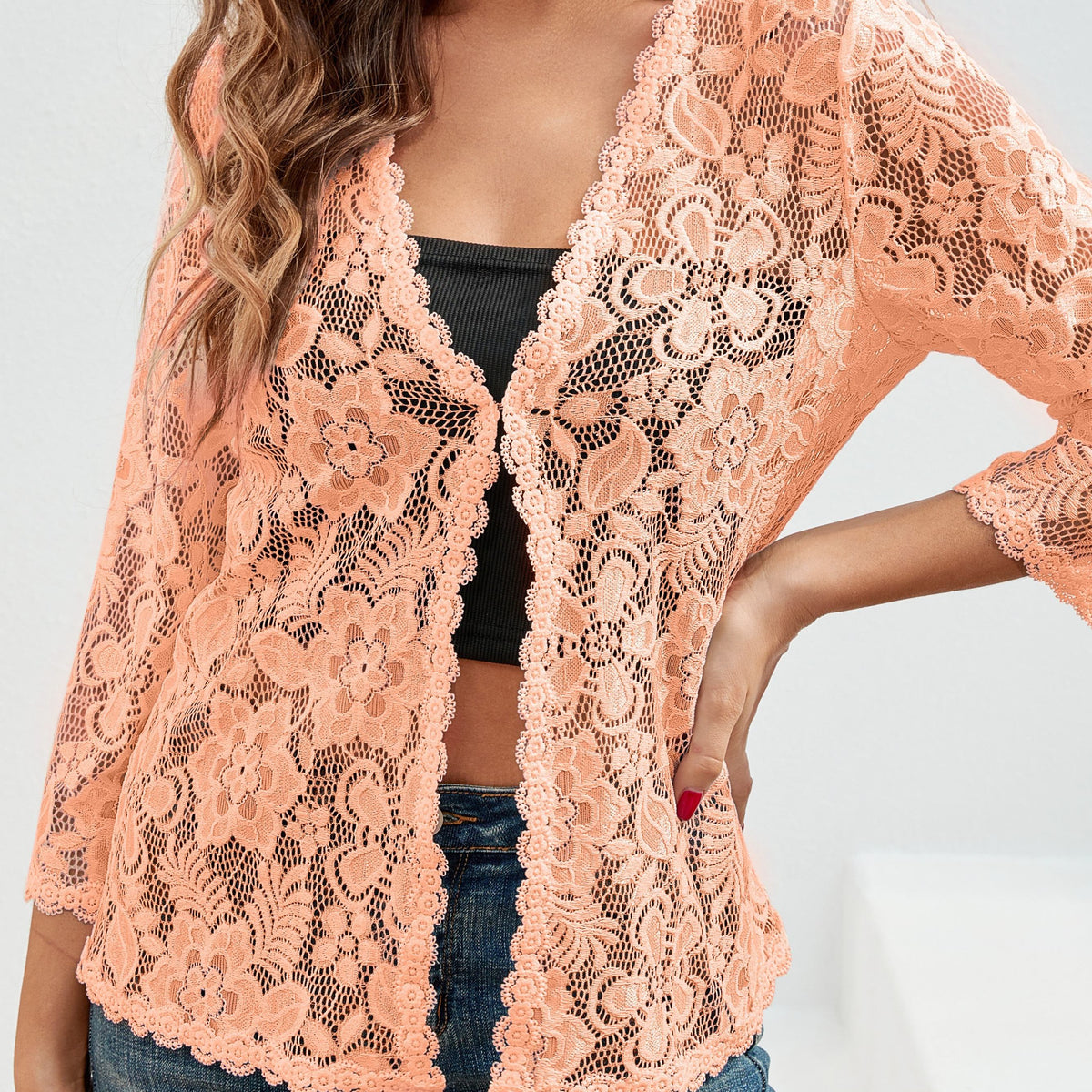 Gilet ajouré à motif floral en maille crochet à manches longues 24
