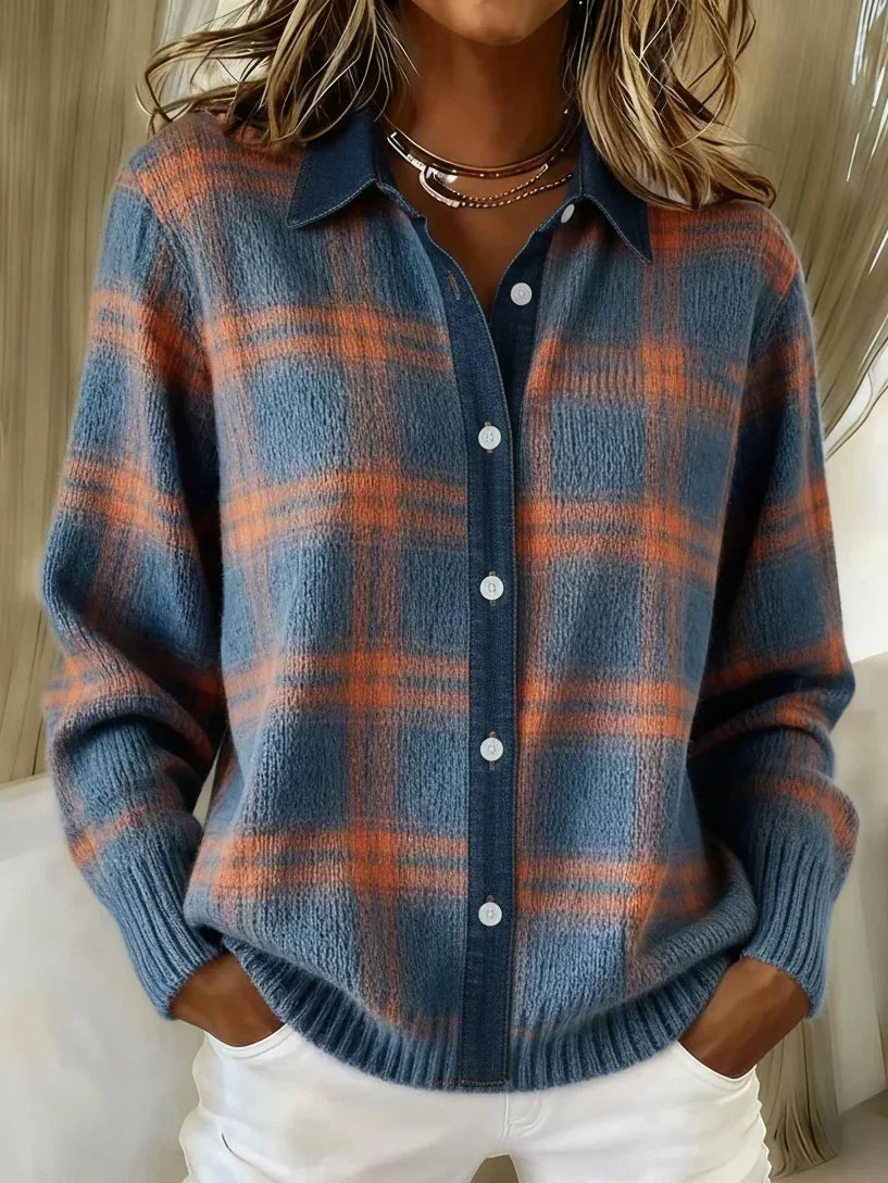 Gilet-chemise à carreaux en maille douce femme 1