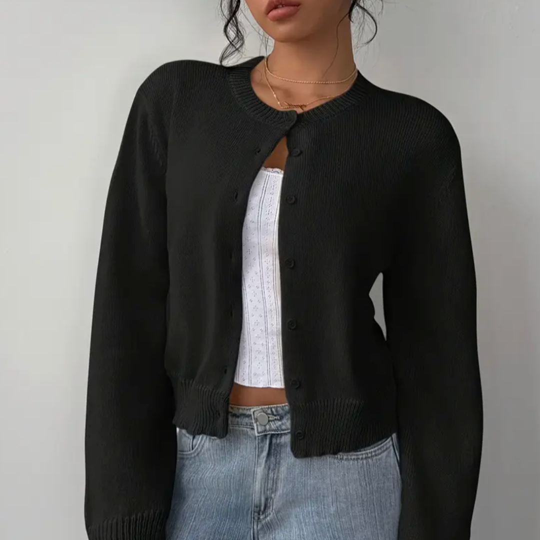Gilet court femme boutonné à col rond en maille côtelée 1