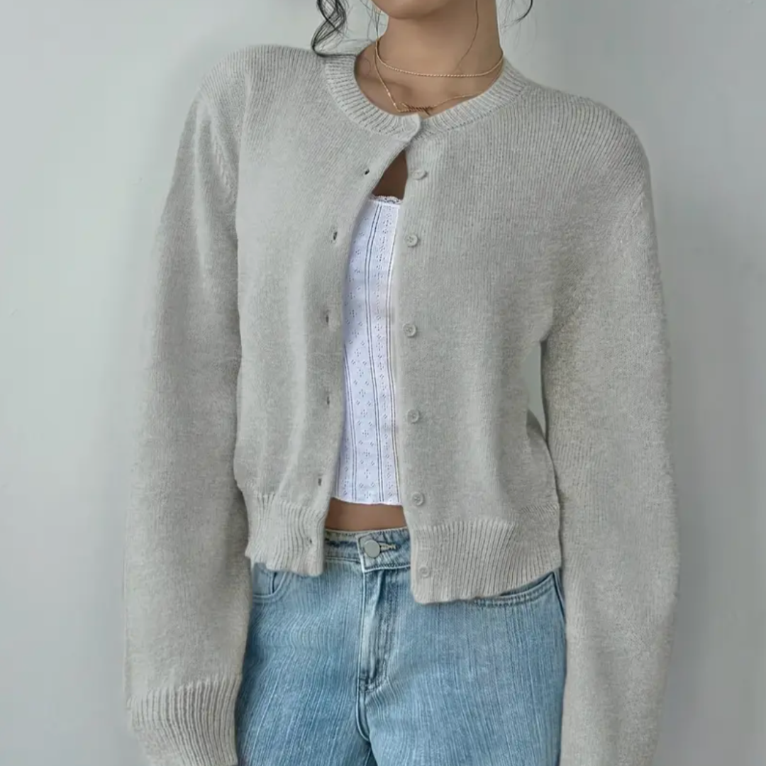 Gilet court femme boutonné à col rond en maille côtelée 12
