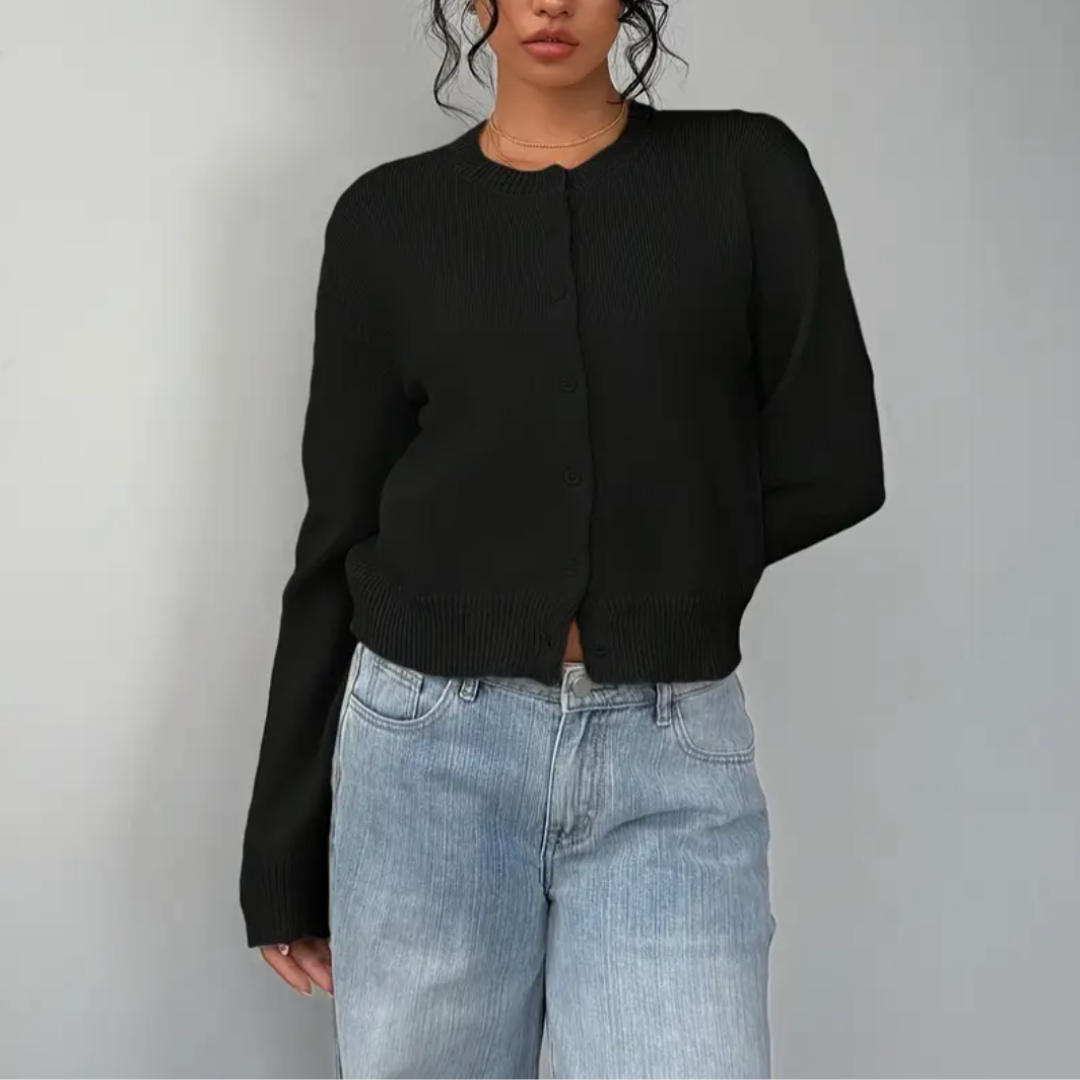 Gilet court femme boutonné à col rond en maille côtelée 3