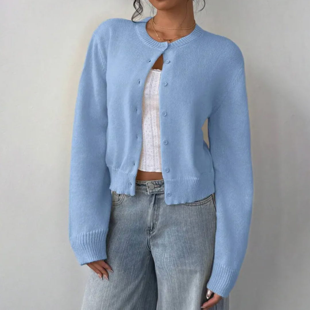 Gilet court femme boutonné à col rond en maille côtelée 5