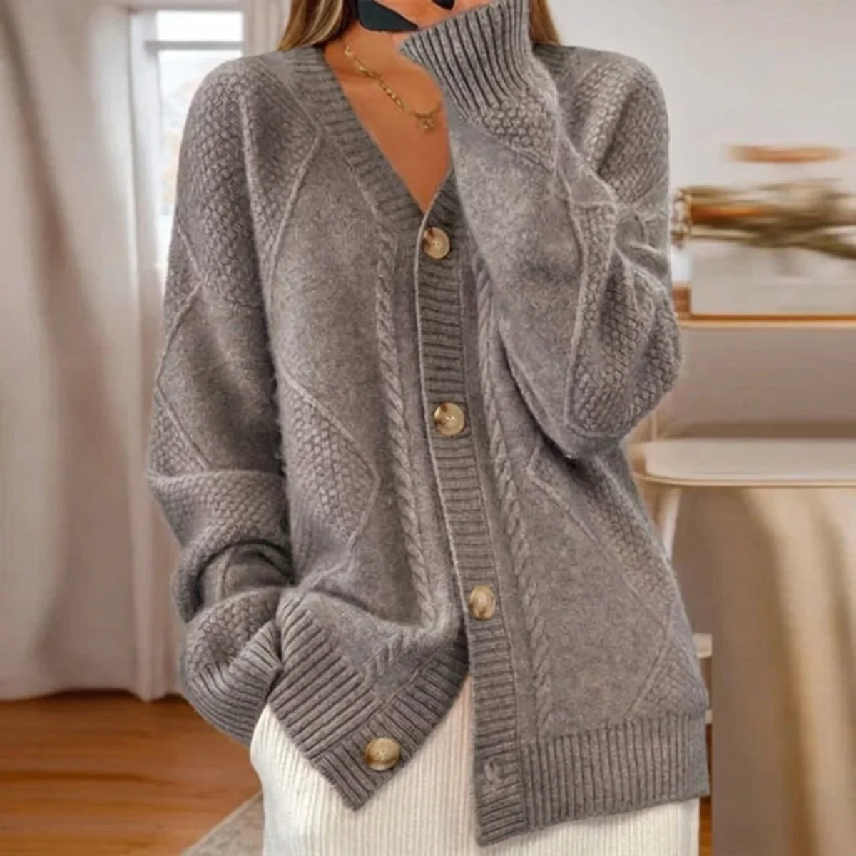 Gilet en coton femme torsadé boutonné à col montant 4
