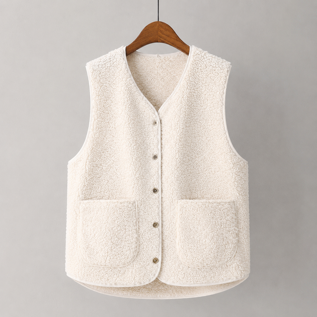 Gilet femme sans manches boutonné à poches et coupe droite 1
