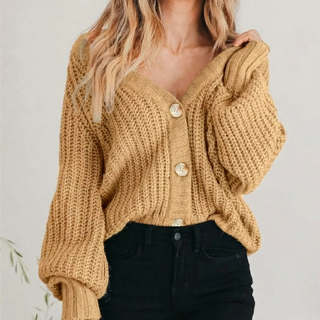 Gilet grosse maille femme oversize à col V et manches ballon 1