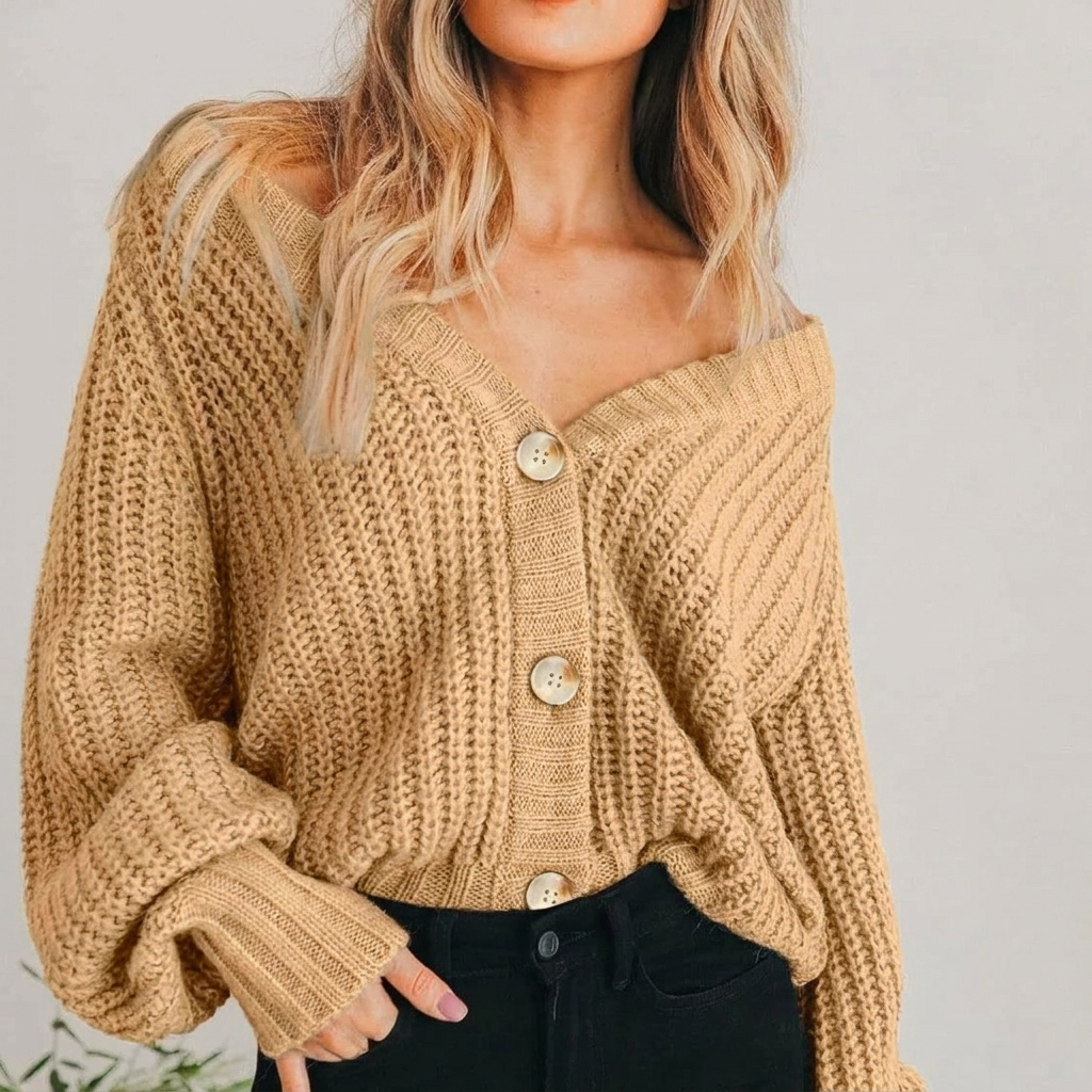 Gilet grosse maille femme oversize à col V et manches ballon 2