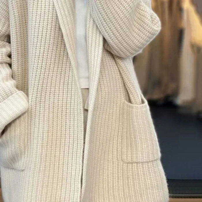Gilet long en grosse maille femme ouvert à col châle 3