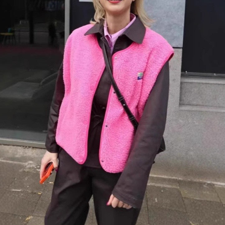 Gilet polaire femme en sherpa à col tailleur boutonné coupe droite 2