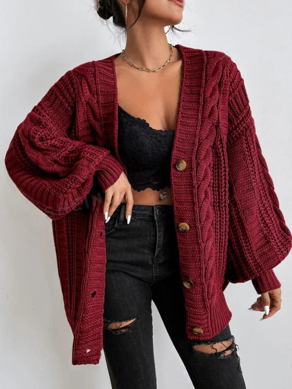 Gilet torsadé femme oversize en grosse maille boutonné à col V 1