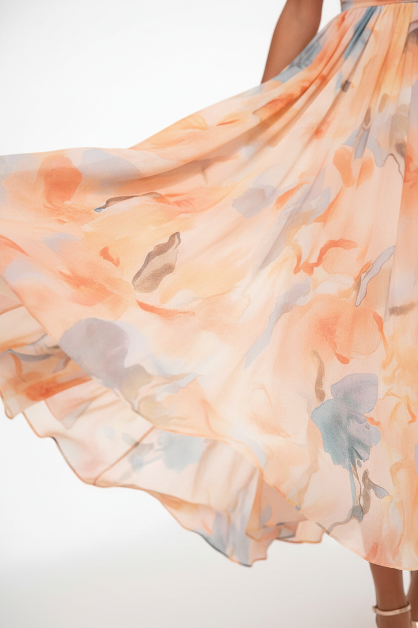 Robe maxi fleurie pêche fluide dos-nu invitée de mariage femme